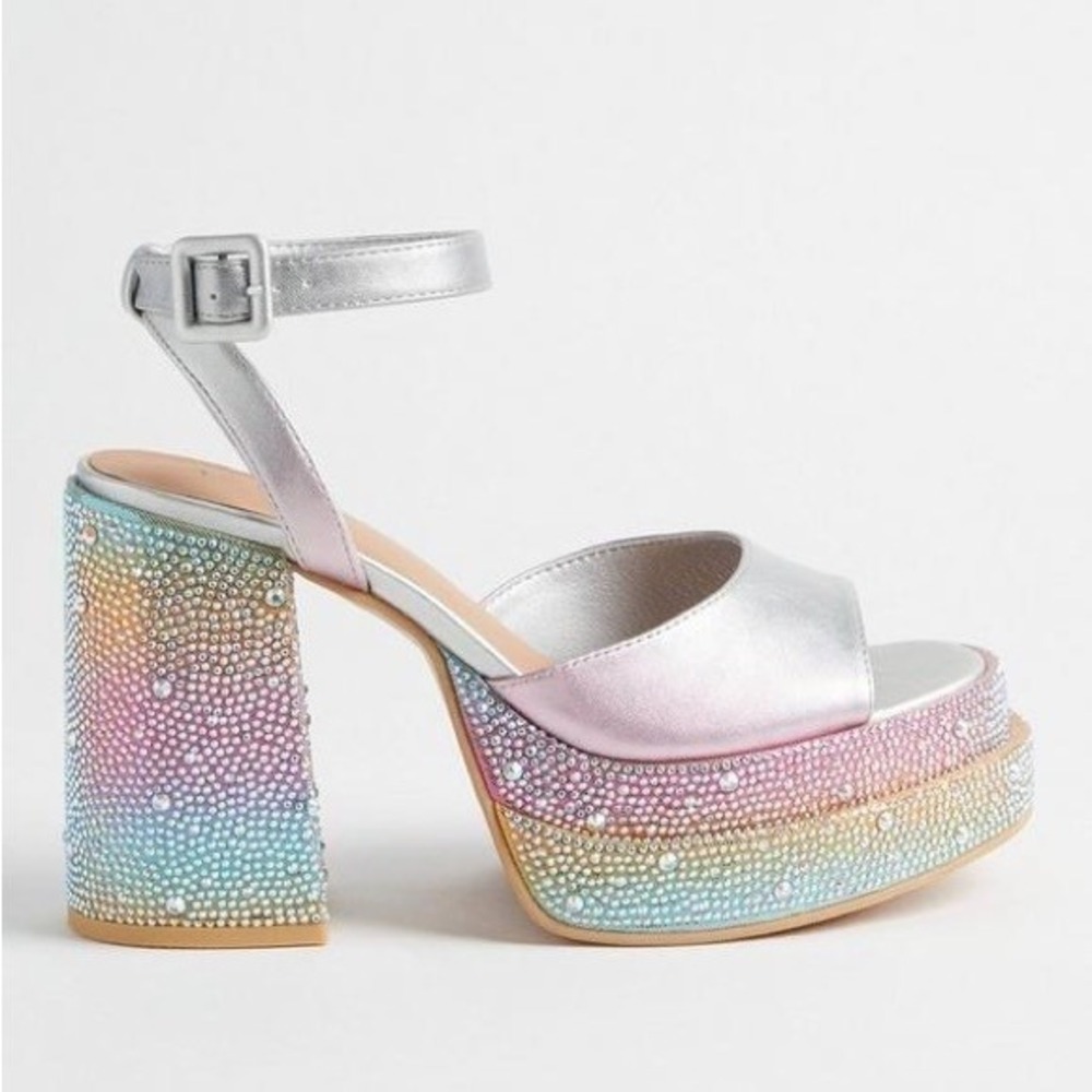 Torrid Rainbow Rhinestone Double Platform Heel Sandal Silver Metallic 8.5W NWT